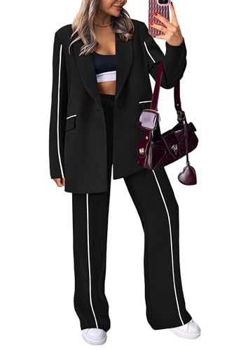 PRETTYGARDEN Women's Fall Spring 2 Piece Blazer Outfits Business Casual Oversized Jacket Wide Leg Work Pants Dressy Suit Set (Black,Small)
