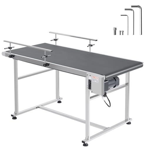 VEVOR PVC Belt Conveyor 59″x 23.6″, Electric PVC Conveyor 110V Adjustable Automatic Speed, Conveyor Machine with Double Guardrail, in Stainless Steel, Industrial Transport Equipment