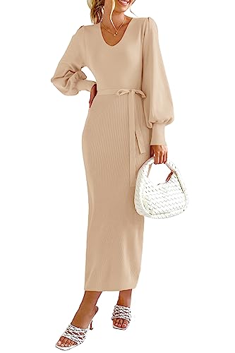 PRETTYGARDEN Women's Fall Knit Pullover Sweater Dress Elegant Long Lantern Sleeve V Neck Winter Maxi Bodycon Dresses (Apricot,Medium)