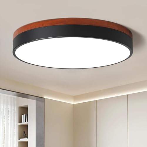 ZUYURT LED Dimmable Flush Mount Ceiling Light, Black and Wood, 5CCT in One, Minimalist Round Ceiling Lamp for Kitchen, Bedroom, Hallway, Living Room, 15.7 Inch