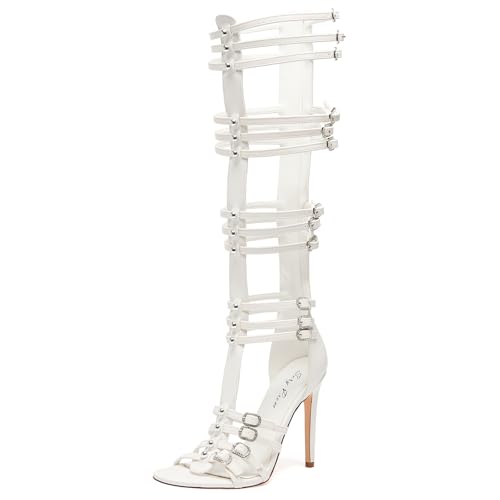 sexyprom Women's Knee High Boots Hollow Open Toe Stiletto Heel Metal Bead Rhinestone Bukles 4.3IN Nightclub Party Wedding Shoes White US10
