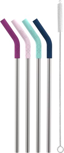 Ello Impact 4 Pack Reusable Metal Straws with Silicone Tips Made from Stainless Steel, Dishwasher Safe, BPA-Free with Cleaning Brush, June Breeze