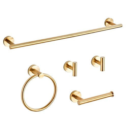 Brushed Gold Bathroom Hardware Set 5 Piece with Towel Racks for Bathroom, SUS304 Stainless Steel Bath Towel Bar Set, 24 Inch Wall Mounted Accessories Kit…