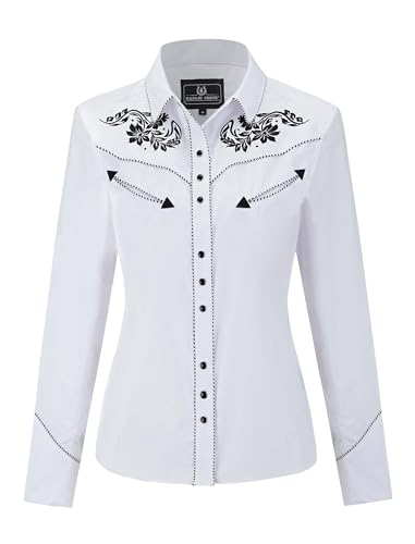 SALVAJE OESTE Women's Embroidered Western Cowgirl Slim Fit Shirt Snap Button Down Long Sleeve Shirt with Floral Embroidery White