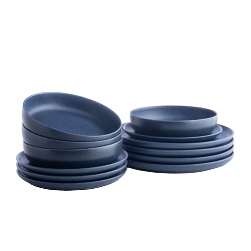 Porto by Stone Lain Macchio 12-Piece Premium Kitchen & Dining Dinnerware Set Stoneware, Blue Matte, Crafted in Portugal, Dishwasher and Microwave Safe Scratch-Resistant Dish Set for 4