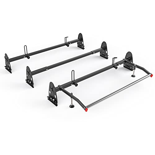 AA-Racks Model RX27 Fullsize Steel Three-Bar Van Ladder Roof Racks with Middle Adjustable Bar and Cargo Roller - Black