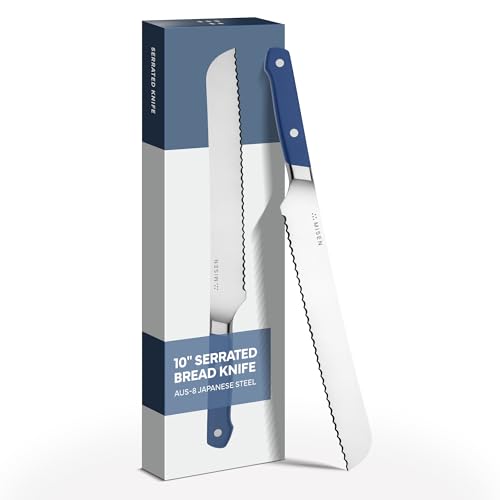 Misen Serrated Bread Knife – High-Carbon Japanese AUS8 Steel – Effortless Slicing of Bread, Pastries, and Fruits – Razor-Sharp Edge and Durable Blade with Ergonomic Handle - 10", Blue