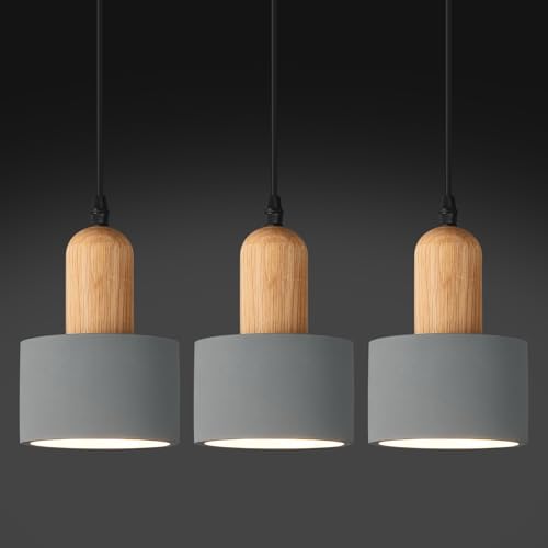LBSQJ Modern Pendant Lights Cement Grey Chandelier Wooden Ceiling Lamps for Kitchen Island Bedroom Dining Room Living Room bar（3 Pack）