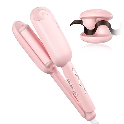 NOVUS Wave Curling Iron, Beach Waves Curling Wand, Ionic Hair Waver with Anti-Scald Hair Crimper, Easy to Use, 2 Barrel Hair Crimper for Short Hair Women, Pink, 1.25 Inch