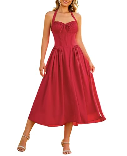 XinFSh Women's Summer Halter Midi Dress Casual Sleeveless Flowy Corset Dresses Sweetheart Milkmaid Beach Vacation Sundress Red