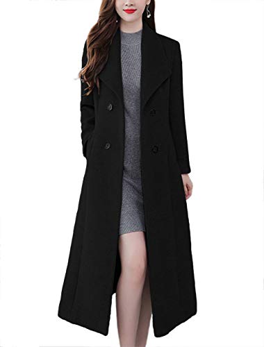 chouyatou Women's Chic Shawl Collar Work Double Breasted Maxi Long Wool Pea Coat (Large, Black)