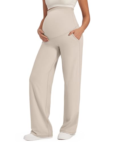 G4Free Maternity Dress Pants Over-Bump Pregnancy Leggings Straight Yoga Pants with Pockets for Business Casual (Light Khaki,S,28")