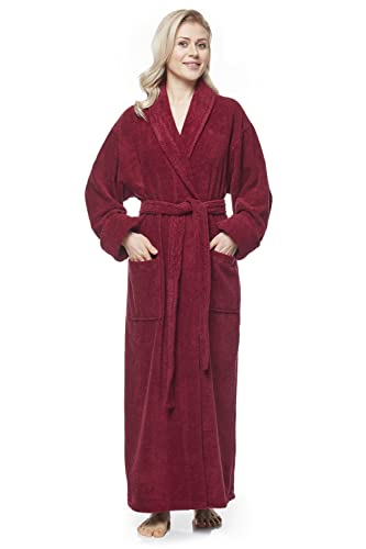 Arus Women's Long Style Full Length Robe Thick Shawl Collar Turkish Bathrobe Burgundy Large