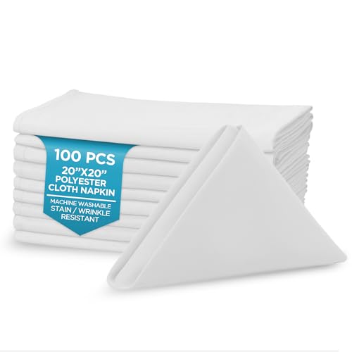 Polyester Cloth Napkins - Washable Soft Table Linens - Durable & Elegant for Dining, Restaurants, Weddings, Events, Rentals, Banquets, & Parties - Premium Quality Set of 100, White, 20"x20"