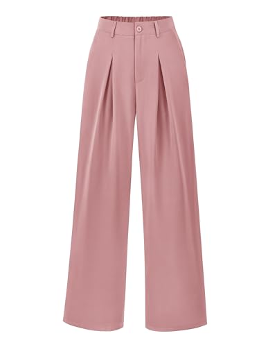 BTFBM Women High Waist Palazzo Pants Casual Wide Leg Trousers Button Down Loose Work Office Business Suit Pant Pockets(Solid Pink, Medium)