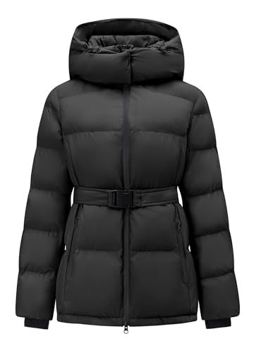 PUREPEAR Puffer Jackets for Women Slim Fit Water-Resistant Detachable Hooded with Belt