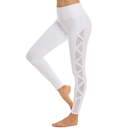 romansong Womens Yoga Pants with Pockets High Waist Sports Gym Athletic Pants Exercise Fitness Active Leggings with Mesh(White,Large)
