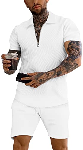 URRU Men's Polo Shirt and Shorts Set Summer Outfits Fashion Casual Short Sleeve Polo Suit for Men 2 Piece Short Set White S