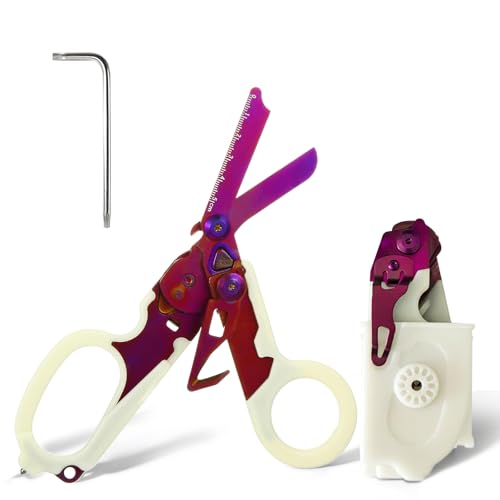 6 In 1 Multifunctional Trauma Shears Foldable, Stainless Steel Medical Scissors with Scissors Holster and Wrench for Hospitals, Home, Camping Trips, Etc (Luminous-purple)