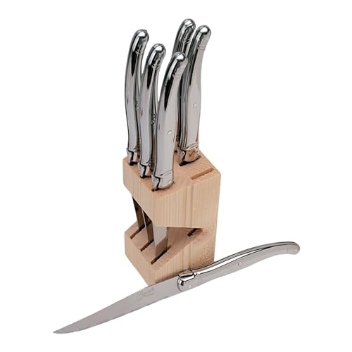Jean Dubost Laguiole 6-Piece Steak Knife Set, Stainless Steel Handles - 1.2 mm Blades - Rust-Resistant Stainless Steel - Includes Wooden Block - Made in France
