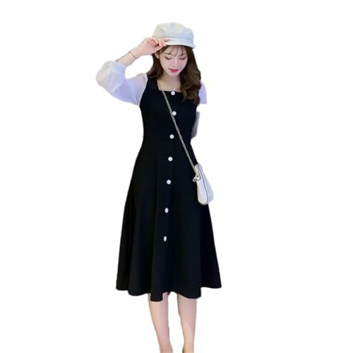 Women's Elegant Black Summer Party Dress Lightweight Loose Fit Midi Vintage Korean Style Casual Fashion Flowy Dress