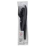 250 Plastic Cutlery Packets - Knife Fork Spoon Napkin Salt Pepper Sets | Black Plastic Silverware Sets Individually Wrapped Cutlery Kits, Plastic Utensil Cutlery Set Disposable Bulk To Go Silverware