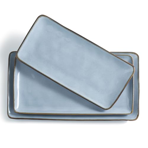 famiware Serving Platter, Rectangular 15.67/14.1/12.6inch Serving Dishes for Entertaining, Reactive Glaze, Stoneware Serving Trays for Party, Food, Turkey, Snack, Cheese, Ocean Series, Blue
