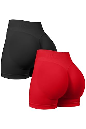 OQQ Women 2 Piece Workout Shorts Butt Lifting High Waist Yoga Athletic Gym Seamless Shorts Black Red