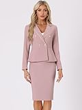 Allegra K Women's Business Suit 2 Pieces Tweed Trim Blazer Jacket and Skirt Set Medium Pink