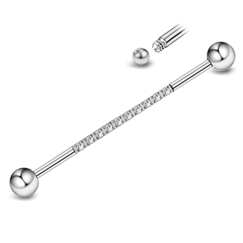 FINE4U Industrial Piercing Jewelry 14G 38mm 1pc - ASTM F136 Titanium Industrial Barbell, Industrial Earrings, Cartilage Body Piercing Jewelry with CZ (1 & 1/2 Inch)
