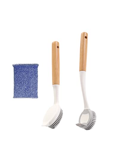 Ben Ben Goose Dish Brush with Bamboo Handle Dish Scrubber, Silicone Dish Scrubber for Pans, Pots, Dishwashing and Cleaning Brushes (Pan Brush and Double Head Pan Brush)