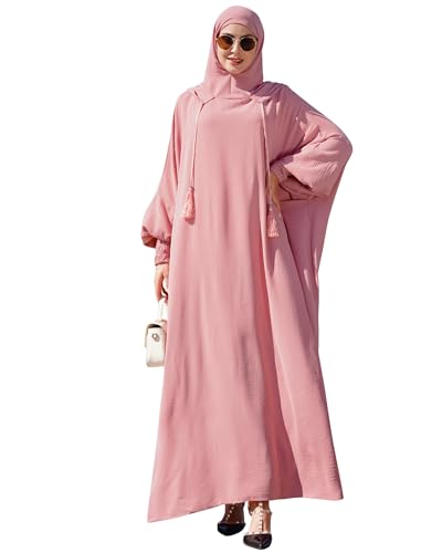 IBAKOM Abaya for Women One Piece Hijab Hooded Dress Modest Muslim Burka Dubai Kaftan Batwing Attire Islamic Eid Ramadan Prayer Clothes Arab Tukish Jalabiya Middle East Jilbab Pink (1PC) 2