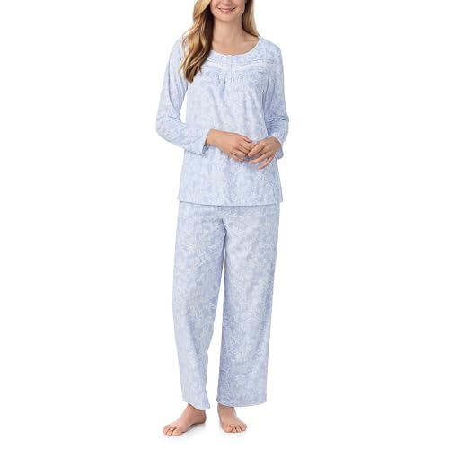 Carole Hochman Women's 2-Piece Fleece Pajama Set – Cozy Sleepwear with Elegant Lace Detail, Adjustable Waist, and Pockets, Blue Winter Floral, Medium