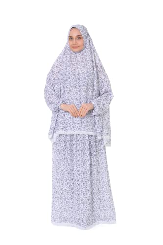 Elanesa Islamic Dress for Women Prayer Clothes for Muslim Women 2 Piece Set Maxi Skirt with Hijab and Rosary Printed Dress.(11861, One Size, Purple)