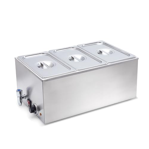 SYBO Commercial Grade Stainless Steel Bain Marie Buffet Food Warmer Steam Table for Catering and Restaurants, Good for Parties Buffet Servers and Warmers, 3 Sections with Tap, Sliver