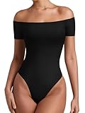 REORIA Womens Sexy Casual Off The Shoulder Short Sleeve Backless Going Out Double Lined Fitted Thong Bodysuit Tops Black Onyx Large