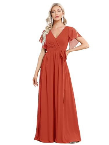 Ever-Pretty Women's Bridesmaid Dress V-Neck Ruffle Sleeves Ruched Bust Floor Length Chiffon Formal Dresses Burnt Orange US18