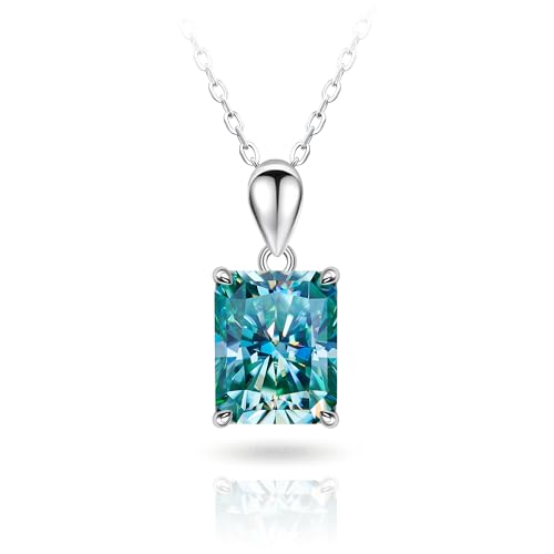 GIGAJEWE Blue Green Color 8x10mm 4.0ct Radiant Cut Moissanite Necklace 18K White Gold Plated 925 Silver Moissanite Necklace With Certificate Diamond Test Passed Jewelry For Woman (Cyan Radiant)