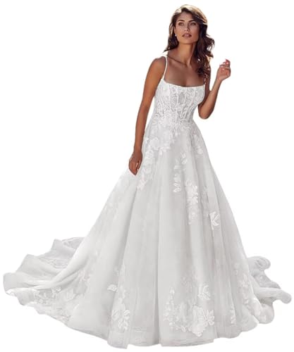 Lace Applique Spaghetti Strap Wedding Dresses for Women with Train Long Tulle Sweetheart Backless A Line Beach Wedding Bridal Ball Gowns White 8