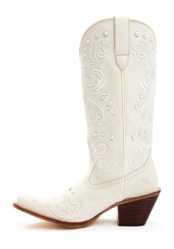 MissHeel Mid Calf Wedding Cowgirl Boots Women Wide-Calf White Cowboy Boot Embroided Western-Boots with Pearls Size 7