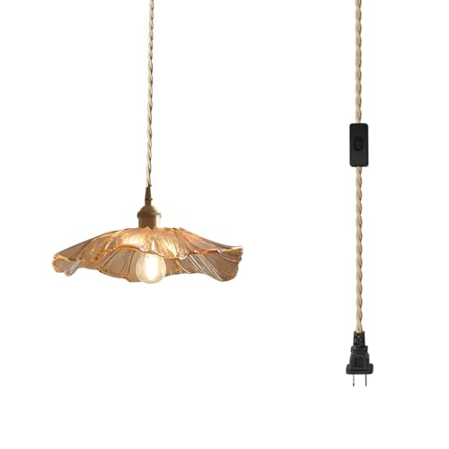 AULLAZFR Plug in Pendant Light Fixtures Modern Style Amber Glass Pendant Lights 14ft Hemp Rope Cord Flower Lampshade and Gold Brass Finish with Switch ON/Off Pendant Ceiling Lamp for Farmhouse(Amber)