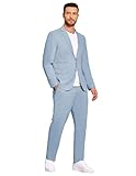 COOFANDY Mens Cotton Linen Suit 2 Piece Sport Coat Beach Wedding Travel Jacket Blazer Homecoming Tuxedo Casual Trousers Light Blue