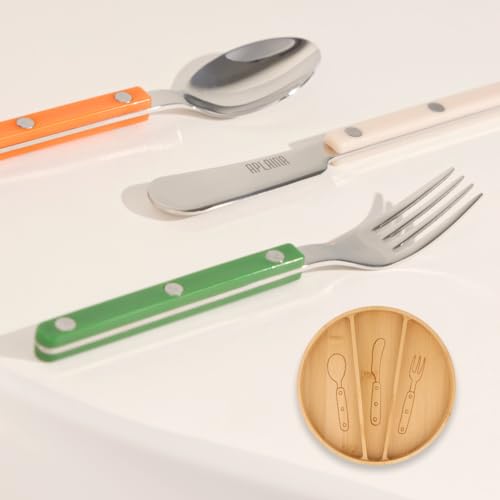 APLAINR Grown-up Utensils Set for Toddlers, 10 Piece Stainless Steel Kids Cutlery with Bamboo Organizer Tray, Montessori Toddler Silverware, Children Safe Forks, Knives and Spoons