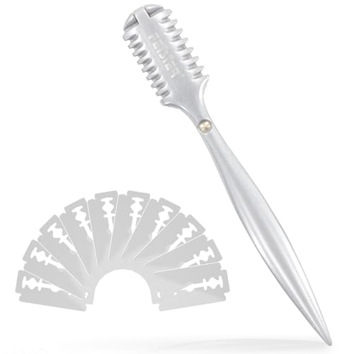 FEISIER Aluminum Double-Edge Hair Thinning Razor Comb with 10pcs Blades,Hair Texturizing Cutting Razor Comb for Thin and Thick Hair Trimming and Styling