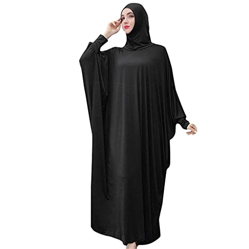 Women's Solid Muslim One-Piece Prayer Dress Muslim Abaya Dress Islamic Maxi Abaya Kaftan with Hijab Full Length Dress Black