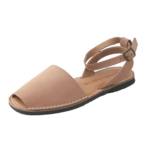 Classic Ankle Strap Sandals for Women, Dressy, Soft Leather, Removable Ankle Strap Flats for Women, Casual Flat Sandals - Tan Nubuck