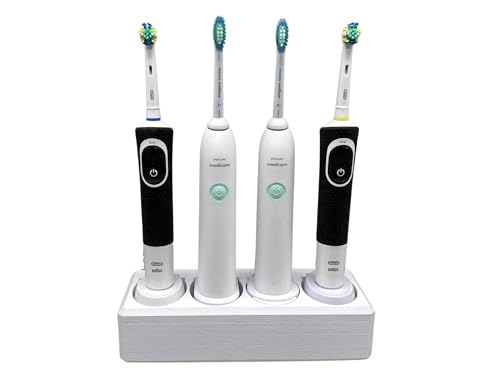 4 Slot Family Electric Toothbrush Charger Holder and Bathroom Organizer, Compatible with Both OralB and Philips Sonicare Tooth Brush, Countertop Stand or Wall-Mounted, White