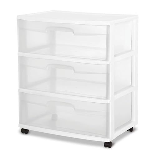 Sterilite Wide 3 Drawer Storage Cart, Plastic Rolling Cart with Wheels to Organize Clothes in Bedroom, Closet, White with Clear Drawers, 3-Pack