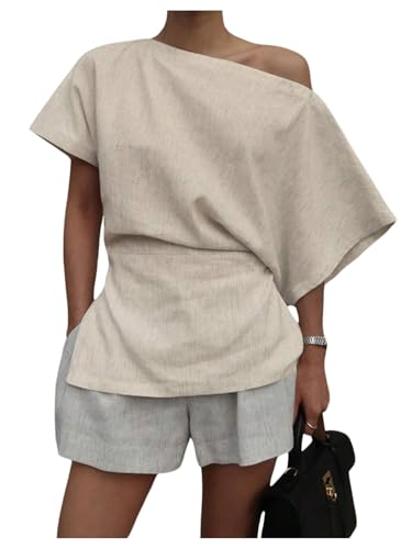 MakeMeChic Women's Summer Asymmetrical Tops Dolman Sleeve Blouse One Shoulder Split Hem Dressy Shirt Apricot Large