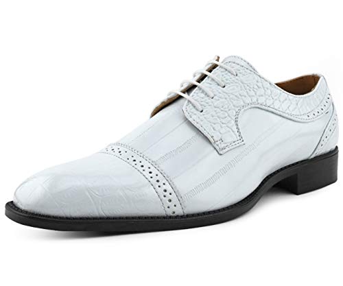 Bolano Dallas - Mens Croco Cap Toe Oxford, Alligator Print EEL Skin Trim, Lace Up - Original Style - Mens Oxfords - Designer Shoes - Color: White, Size: 14
